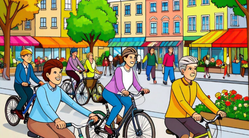 Änderungsantragssymbolbild Innenstadt mit friedlichen Fahrradfahrern und Fußgängern
